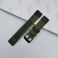 Oxford cloth watch strap shown in multiple colours including camouflage, army green, and black, with size options for 20mm, 22mm, and 24mm widths.