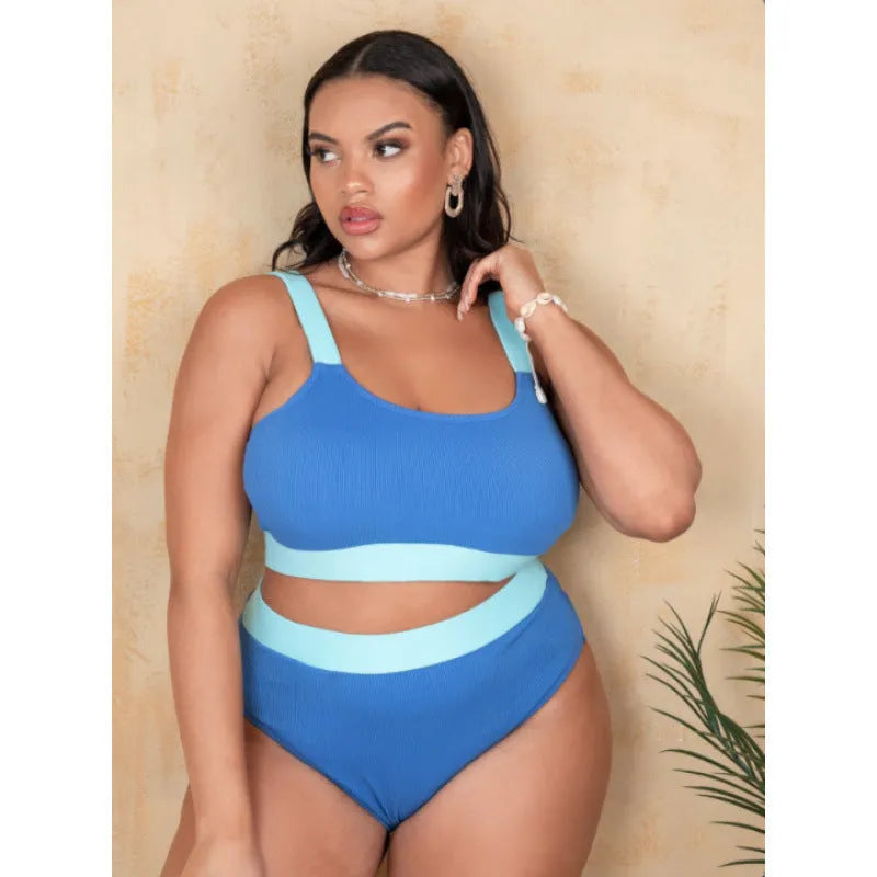 Solid colour high waist women's bikini swimsuit in polyester fabric on a model.