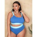 Solid colour high waist women's bikini swimsuit in polyester fabric on a model.