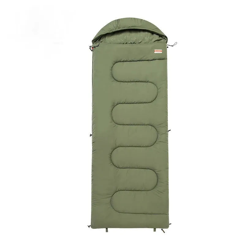 Cotton camping sleeping bag quilt in ochre or olive green colour, lightweight cold-proof design