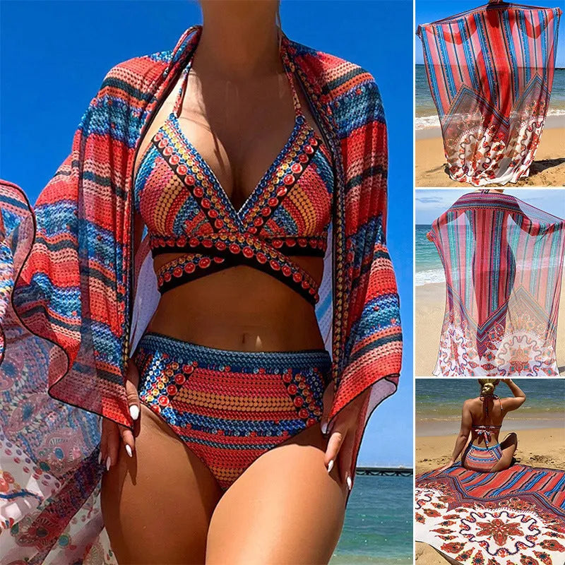 Women's three-piece polyester swimsuit set with a cutout blouse and high-waist briefs in the pictured colour.