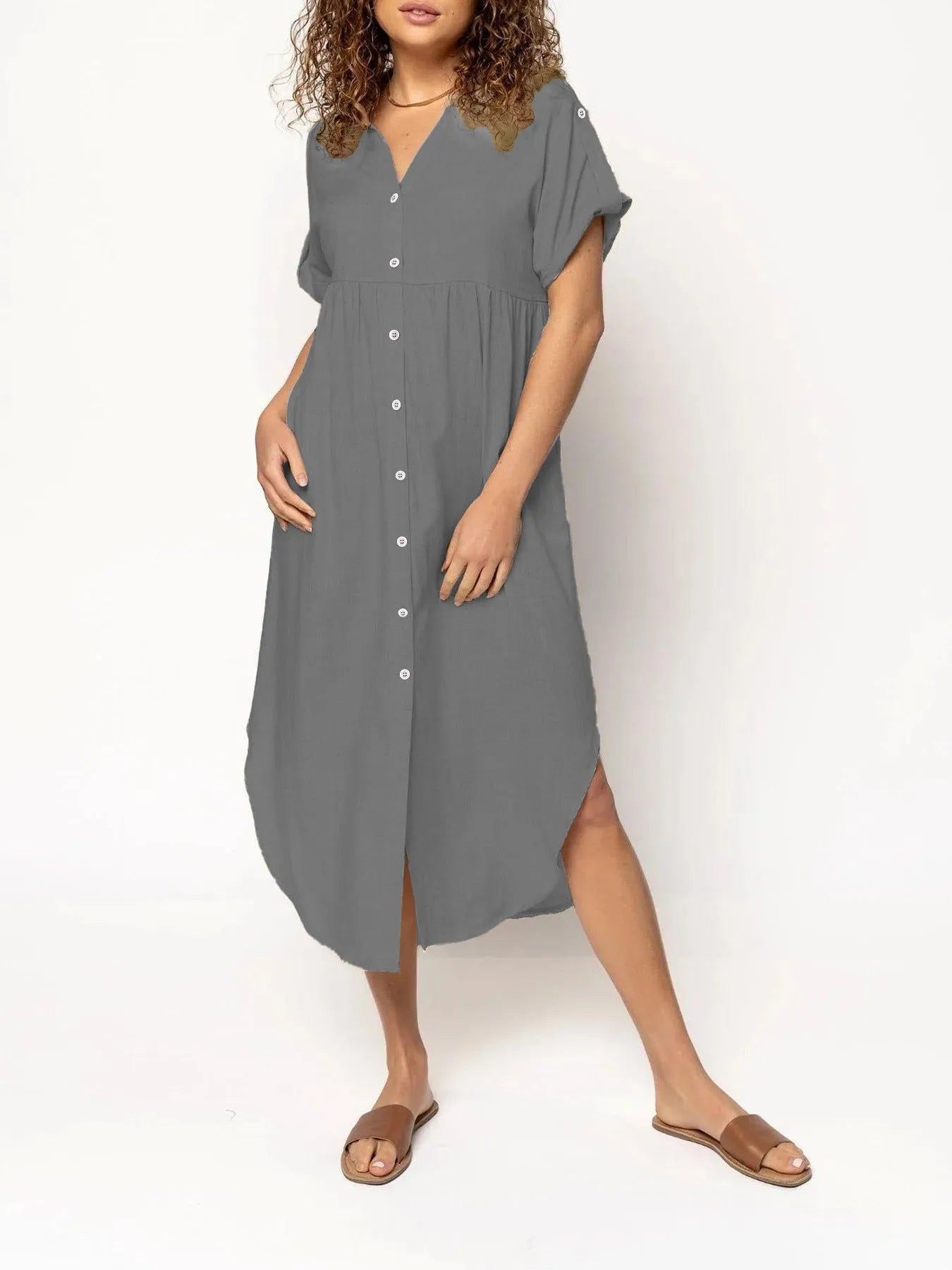 Button-front mid-length casual dress in loose fit available in multiple solid colours
