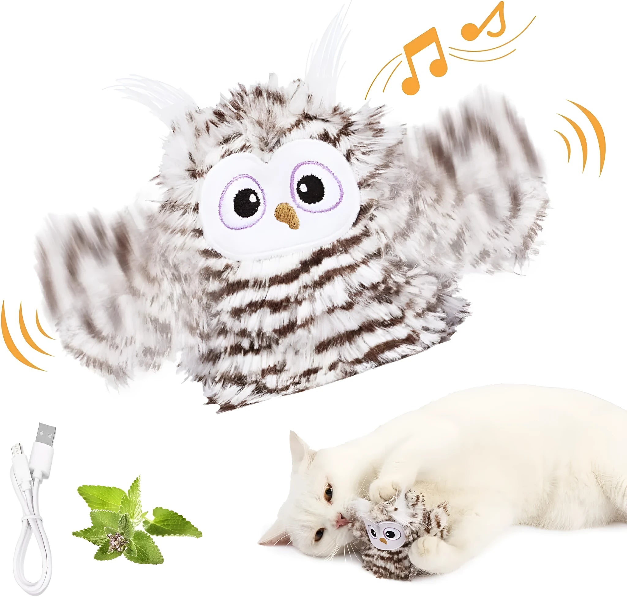 Grey interactive owl cat toy with flapping wings, 10x14cm rechargeable electronic toy for indoor cats