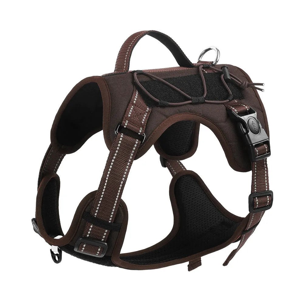 Reflective dog harness and hand-holding lead set in orange and black, showing the chest strap and full-handle grip.