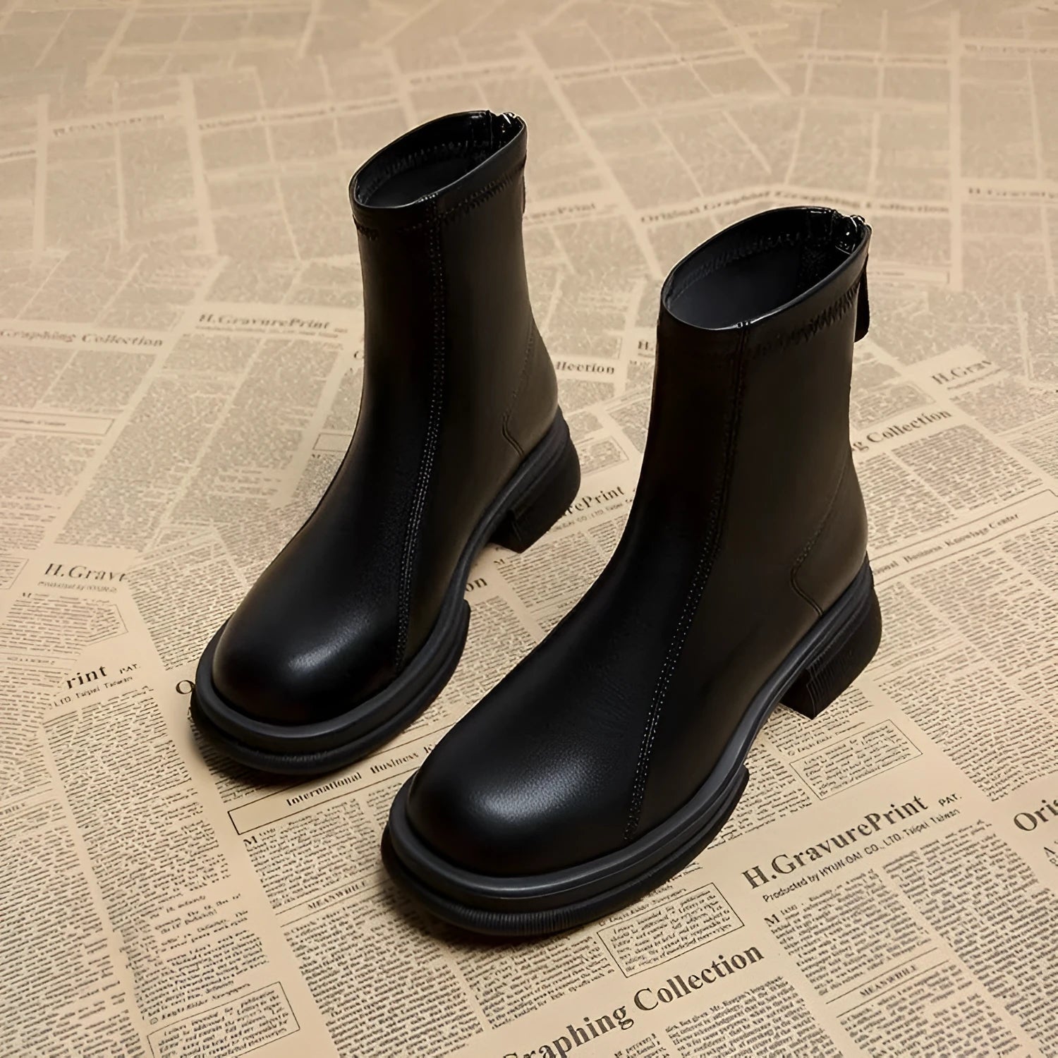 Women's black ankle boot with flat heel, round toe, and back zipper on a white background