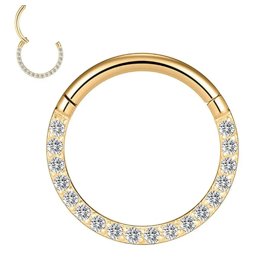 316 stainless steel seamless nose ring with diamond front in gold finish