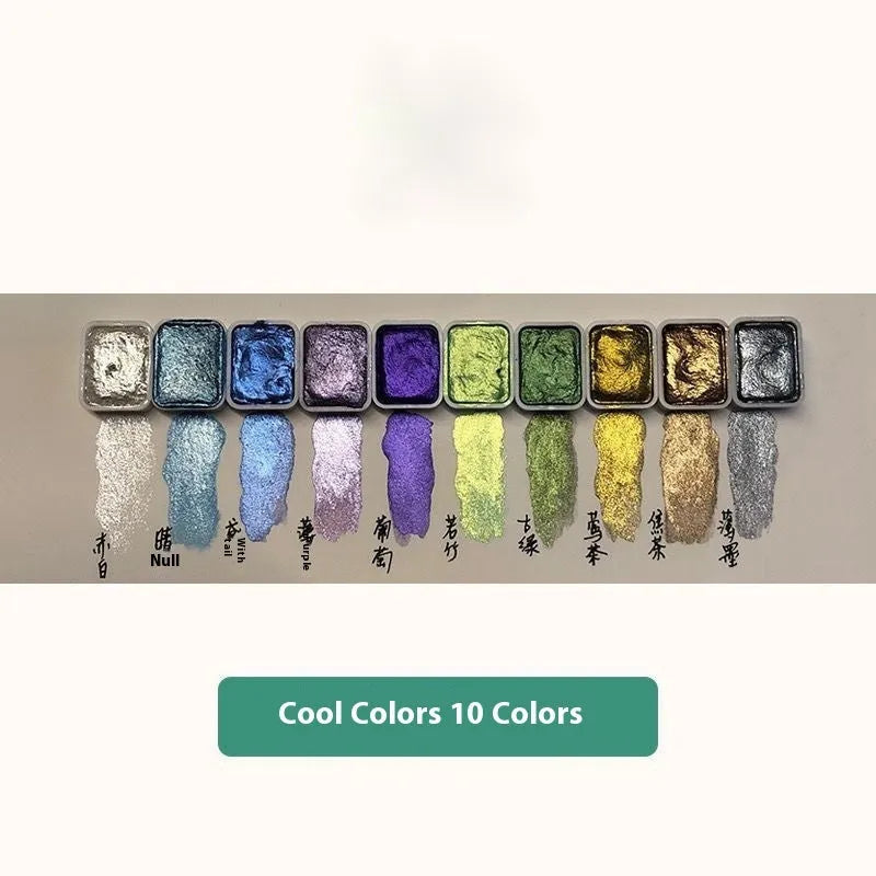 Traditional Chinese painting mineral pearlescent watercolour set showing tubes of 20 colours plus red and white gold