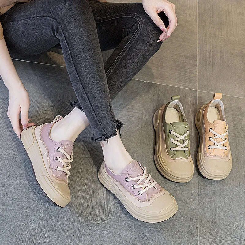 Women's leather platform sneakers in matcha, purple, or orange with round toe and lace-up front