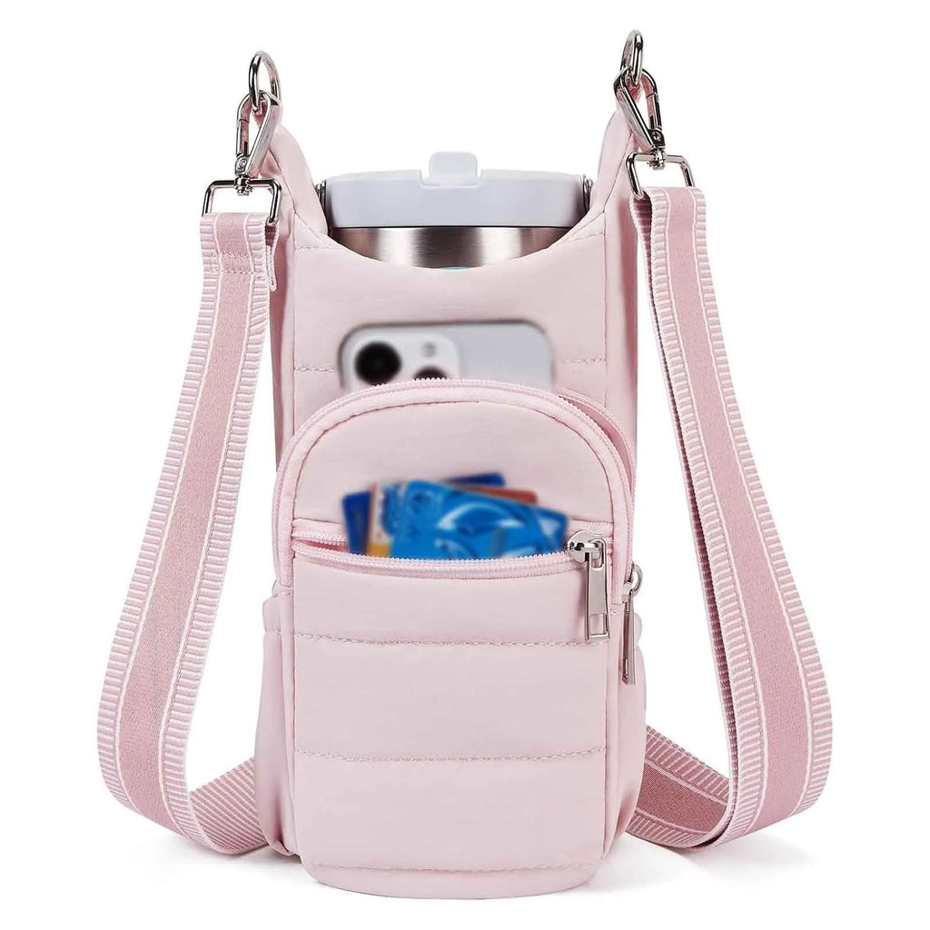 Cloth water bottle bag for bicycles in beige, black, or pink colours.