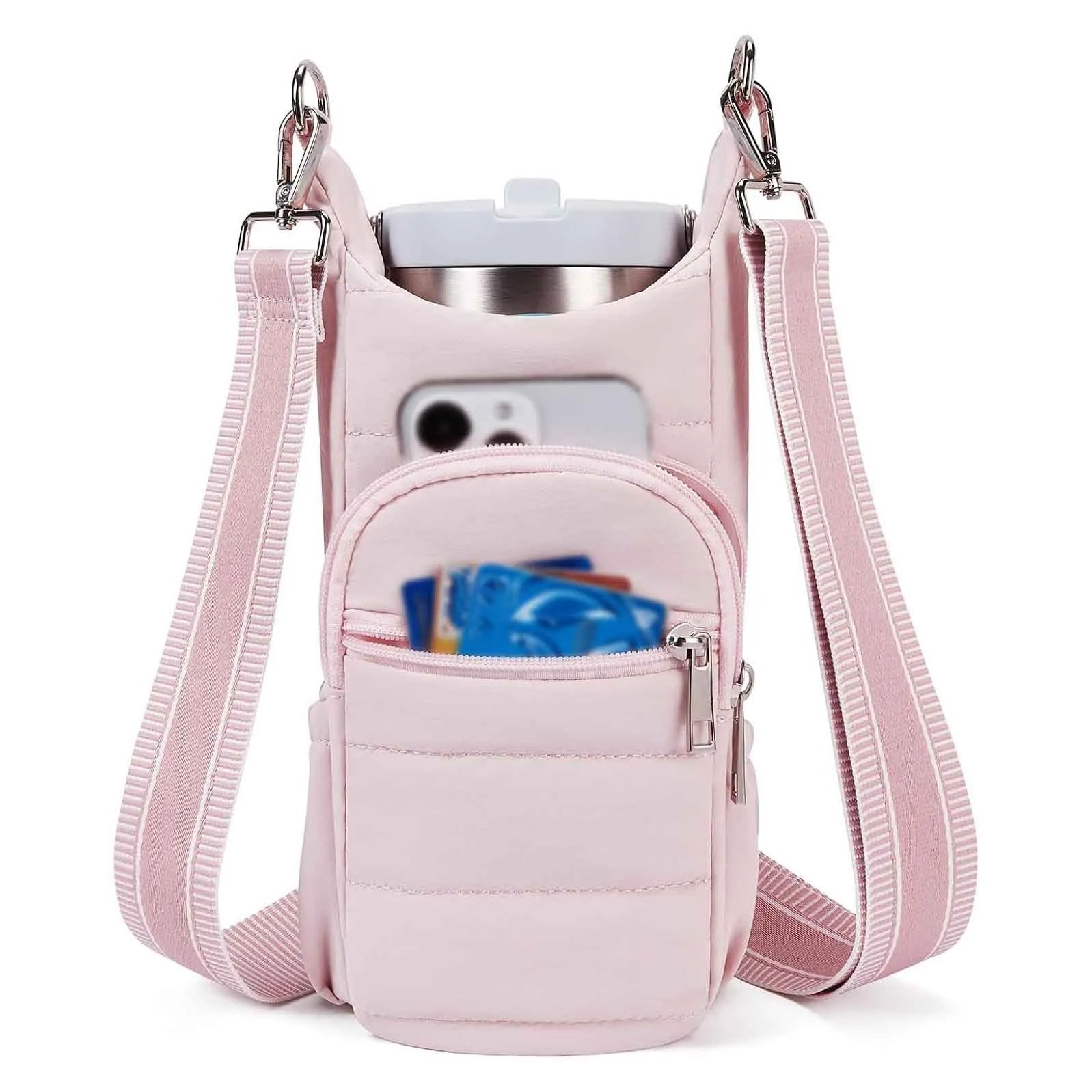 Cloth water bottle bag for bicycles in beige, black, or pink colours.