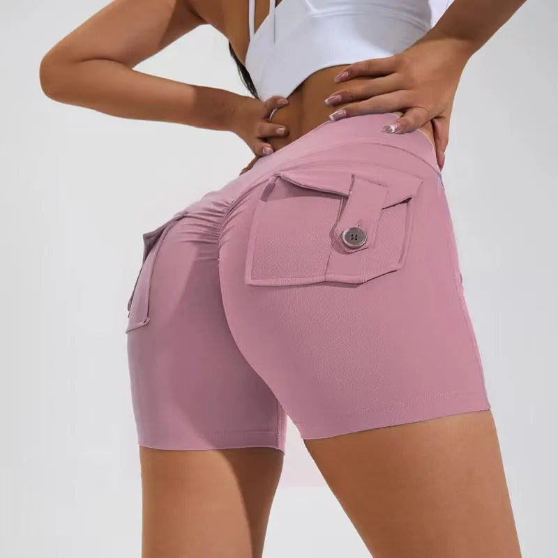 Women's high-waisted fitness shorts with pockets in various solid colours