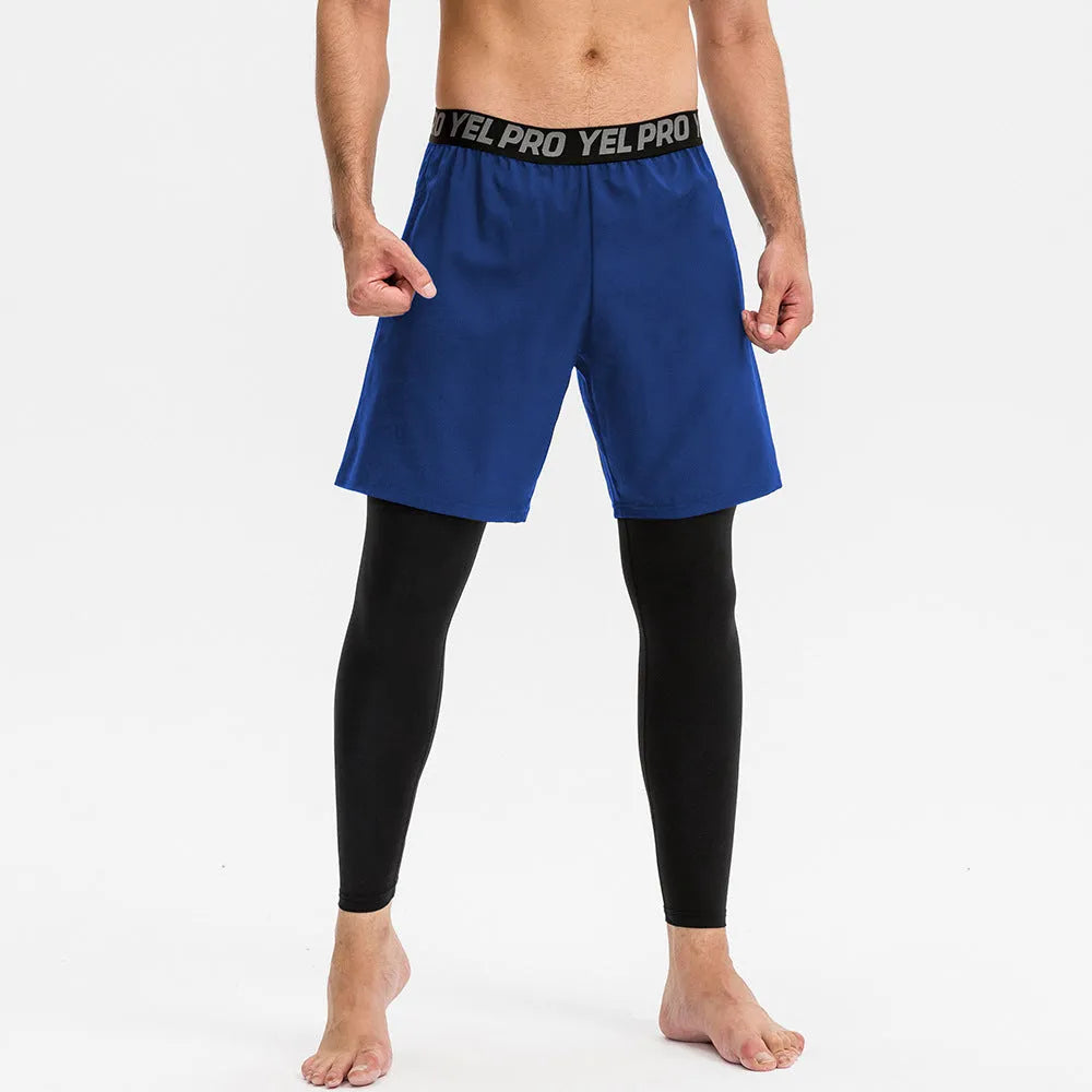Man wearing grey elastic quick-drying sports trousers for fitness exercise.
