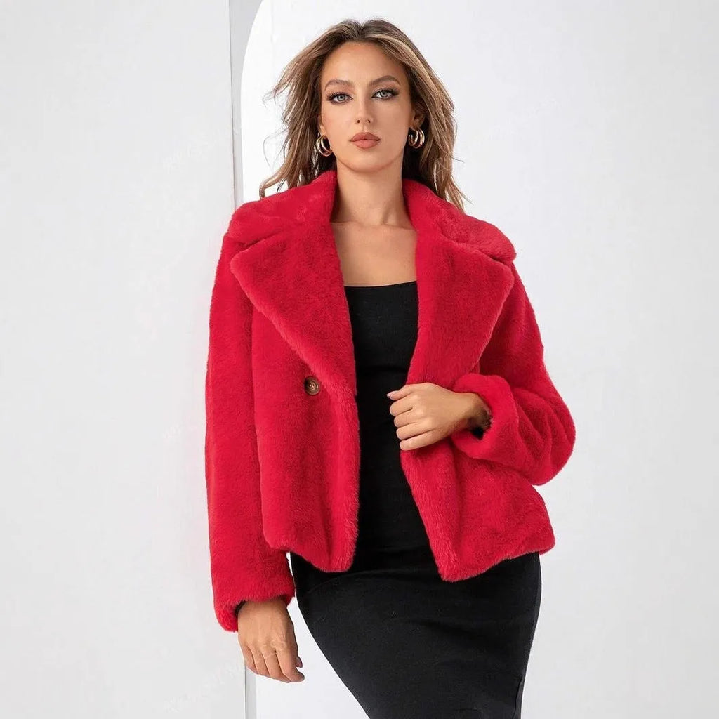 Women's loose short faux fur coat in Rose Red colour with regular sleeves and 50cm length
