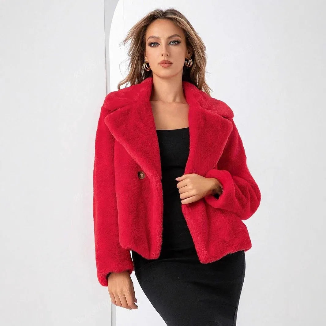 Women's loose short faux fur coat in Rose Red colour with regular sleeves and 50cm length